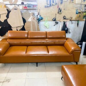 sofa SF96 bọc da Hàn màu nâu cam hiện đại