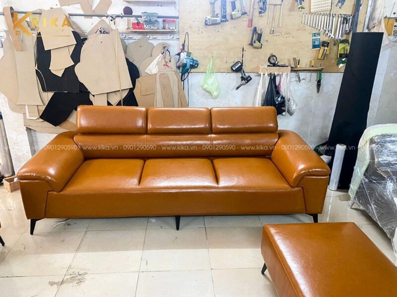 sofa SF96 bọc da Hàn màu nâu cam hiện đại