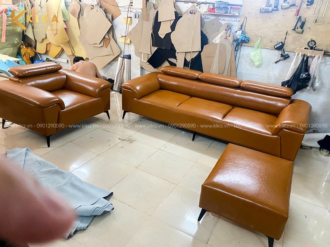 Bộ ghế sofa SF96 bọc da Hàn màu nâu cam hiện đại