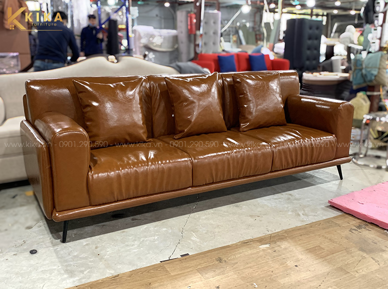 sofa da SF91 dáng văng màu nâu nhỏ gọn hiện đại
