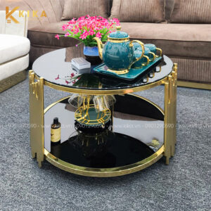 bàn trà tròn mặt kính chống xước chân đa nan mạ vàng