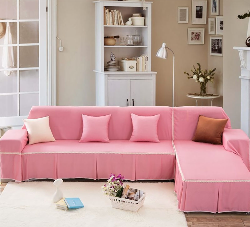 bộ ghế sofa góc chữ màu hồng bọc vải