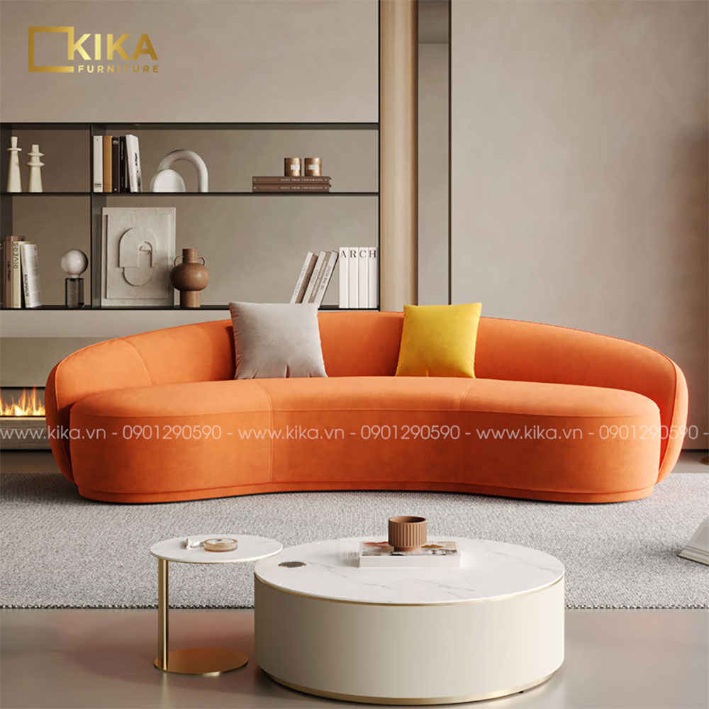 Ghế sofa băng bọc nỉ màu cam kết hợp gối màu vàng và xám