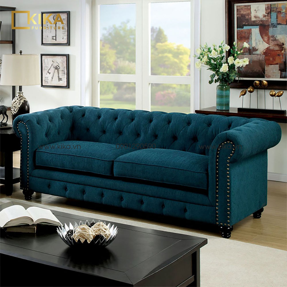 ghế sofa bọc nỉ màu xanh cổ vịt đậm phong cách cổ điển