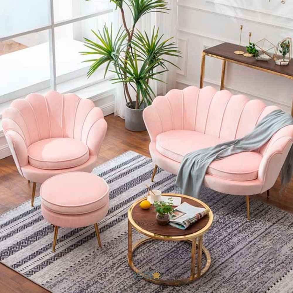 Bộ ghế sofa thuyền chia múi màu hồng phù hợp với những không gian nhẹ nhàng
