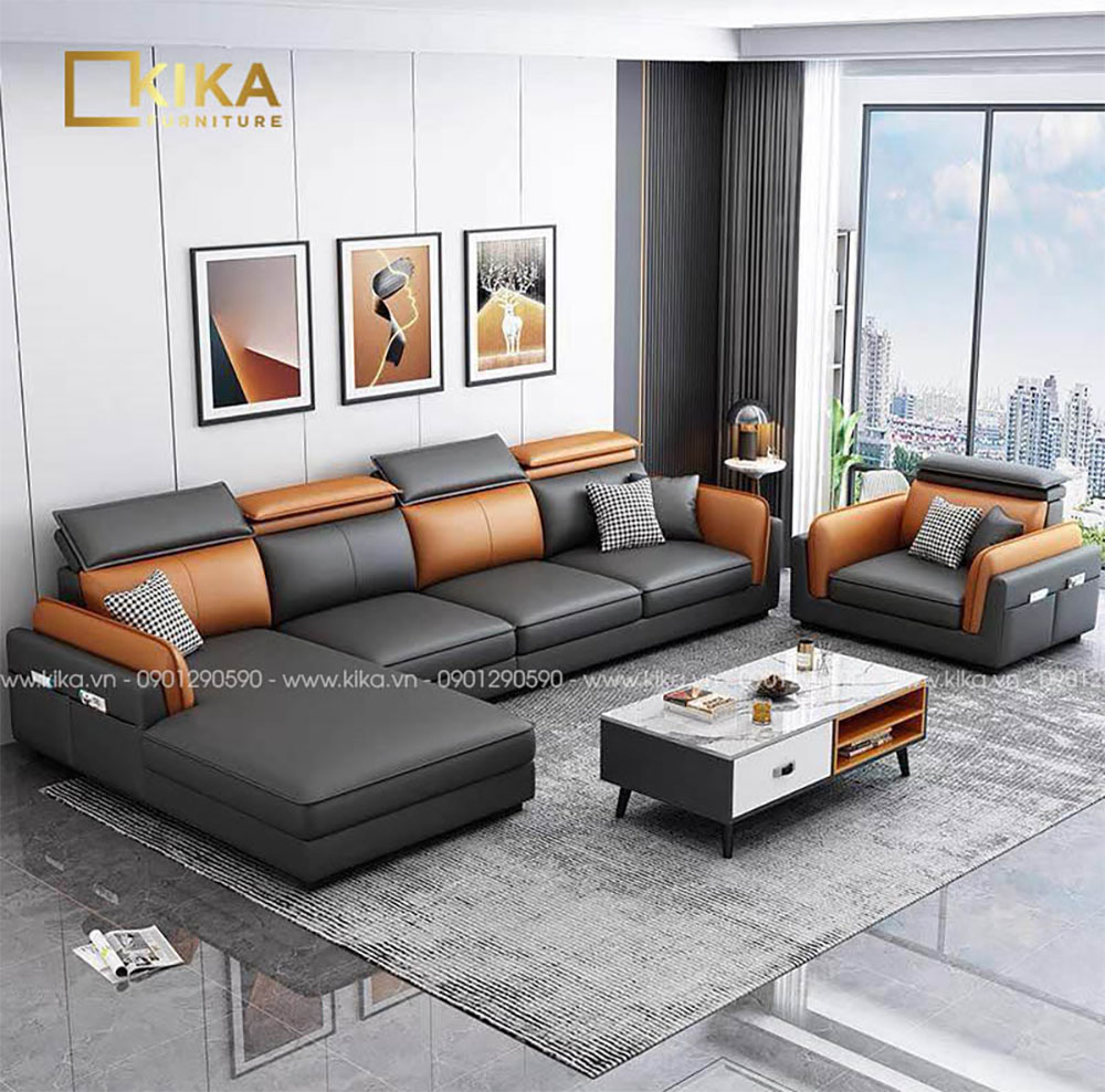 Bộ sofa da công nghiệp dáng góc chữ L màu đen kết hợp với cam