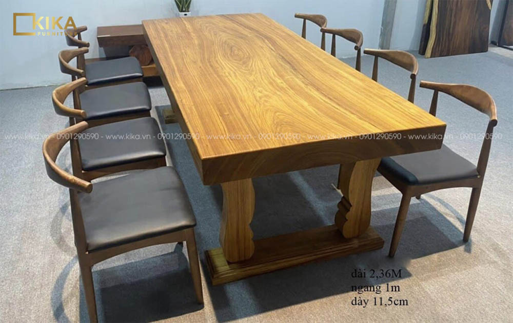 bàn ăn gỗ nguyen khối làm từ gỗ me tây 8 ghế, ghế có đệm da