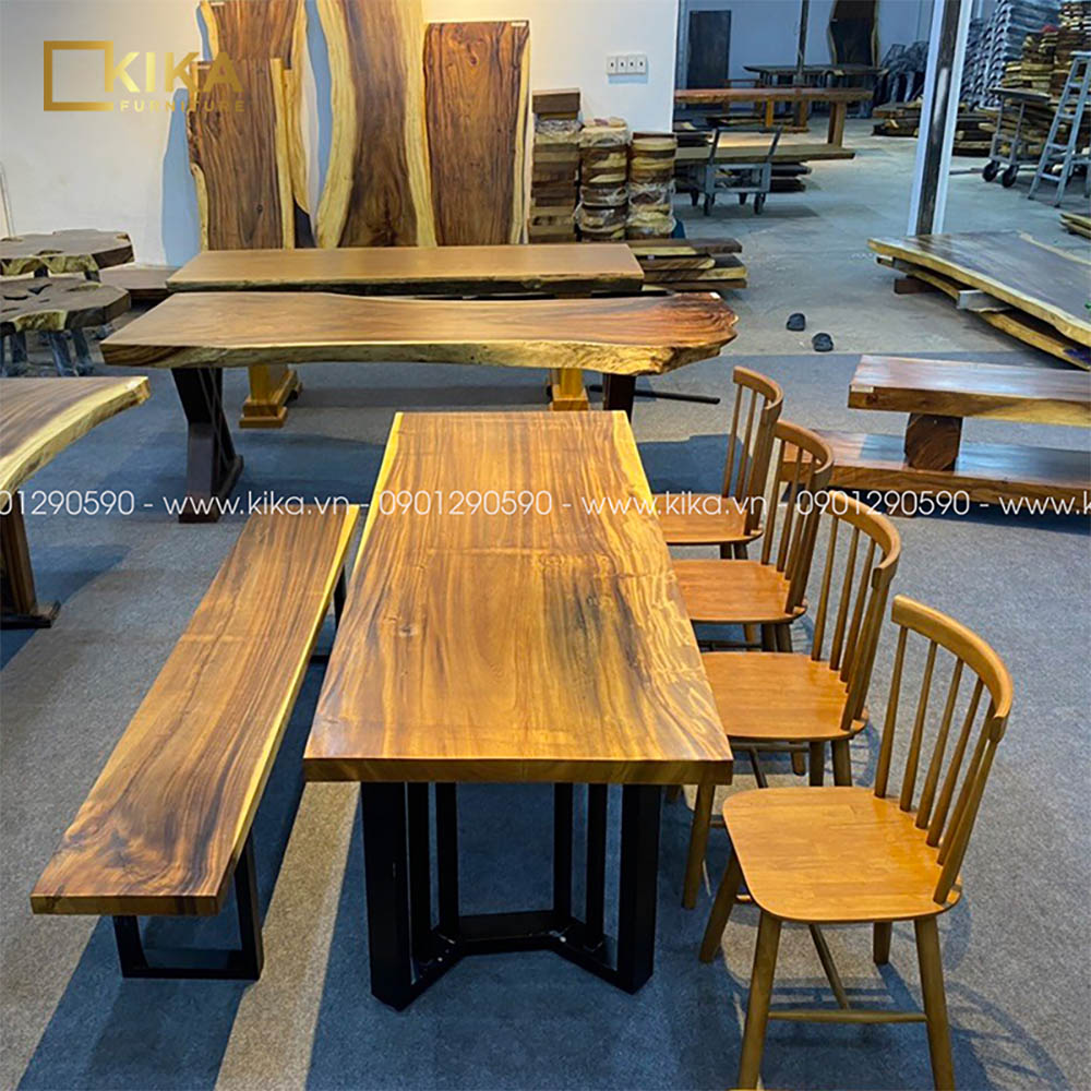 bàn ăn cao cấp gỗ me tây nguyên khối thiết kế hình chữ nhật đơn giản