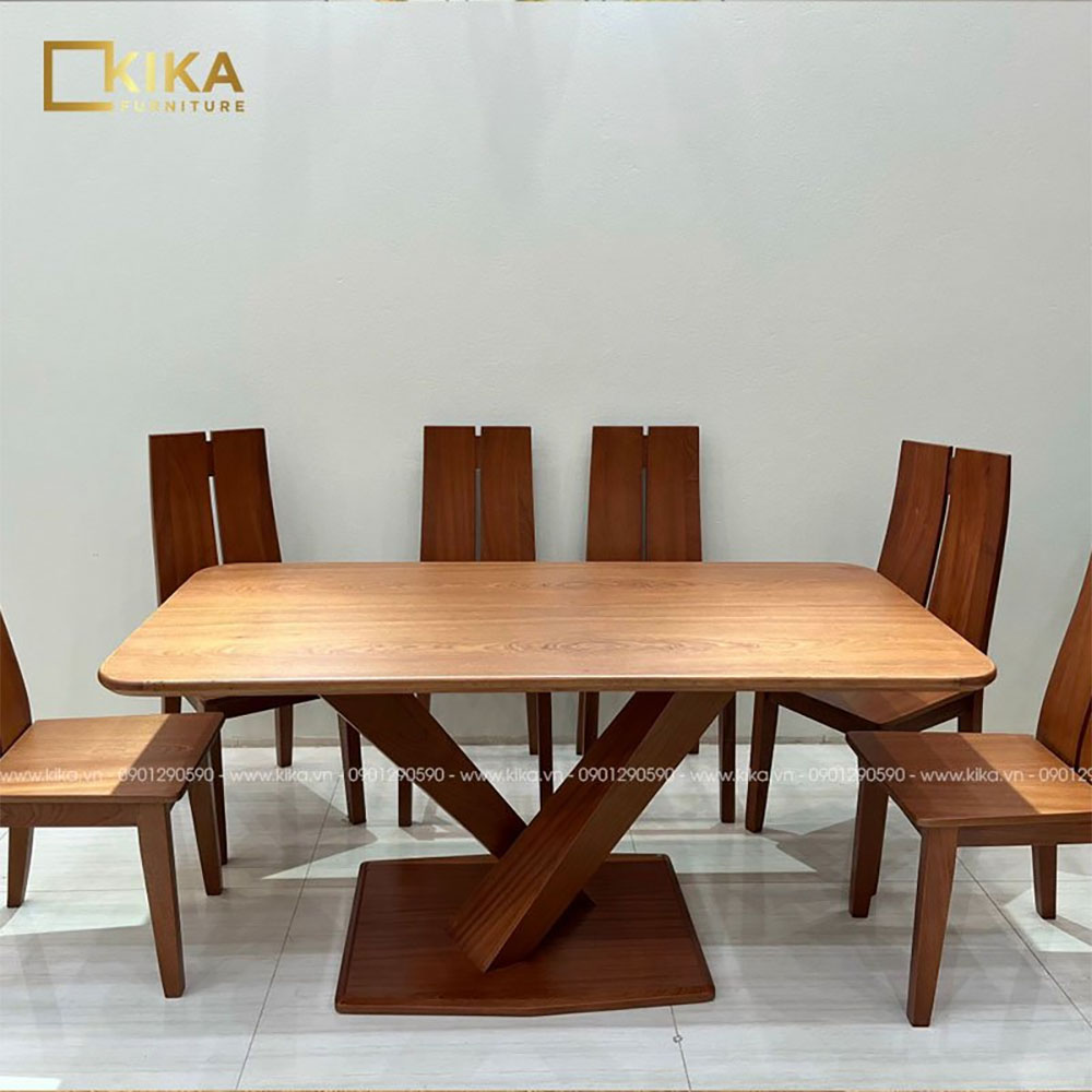 bàn ăn cao cấp gỗ sồi kèm 6 ghế thiết kế chữ X độc đáo