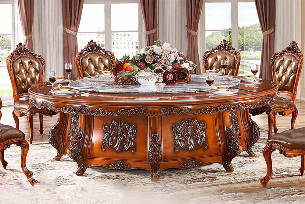 bàn ăn gỗ tròn xoay 10 ghế thiết kế thoe phong cách tân cổ điển