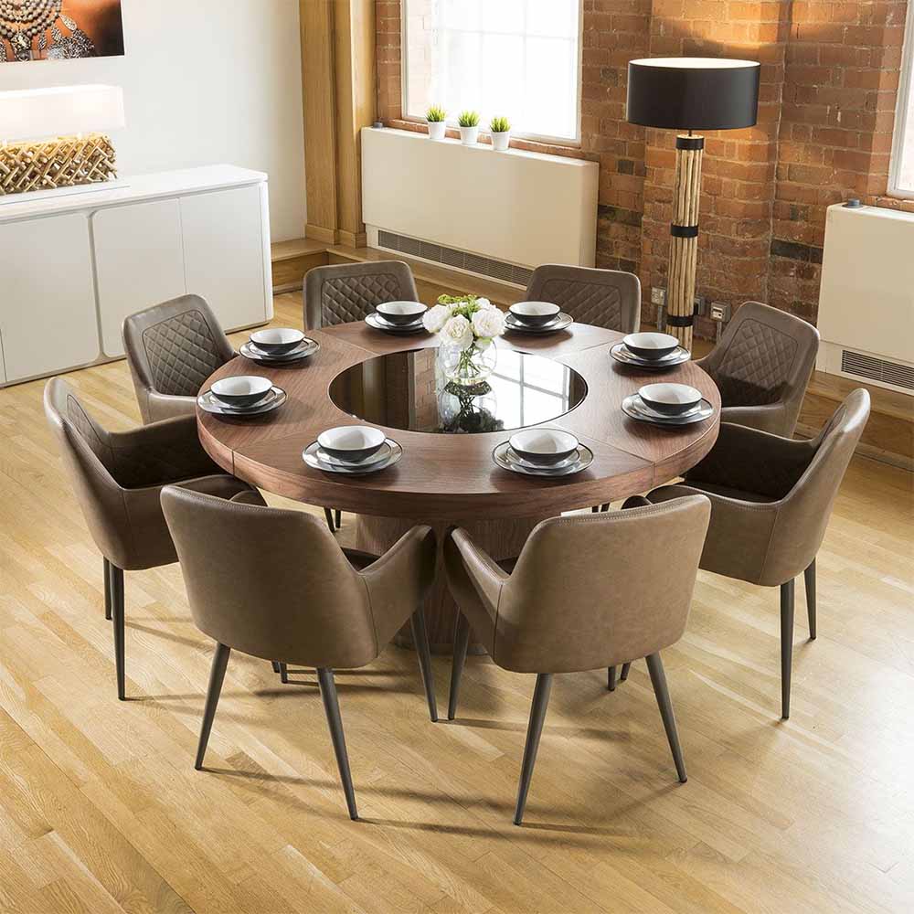 bàn ăn tròn xoay 10 người mặt gỗ thiết kế đơn gản