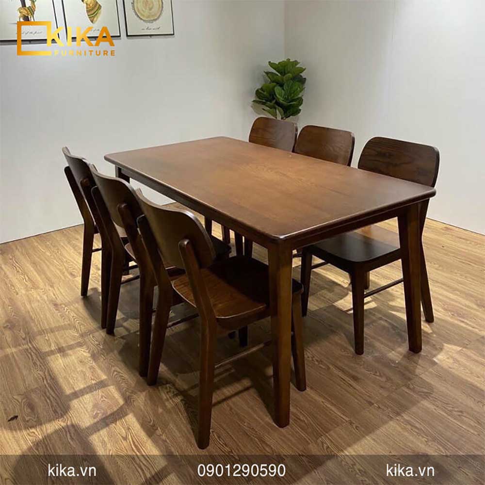 bộ bàn ăn gỗ có 6 ghế màu óc chó thiết kế nhỏ gọn phù hợp không gian nhà bếp nhỏ