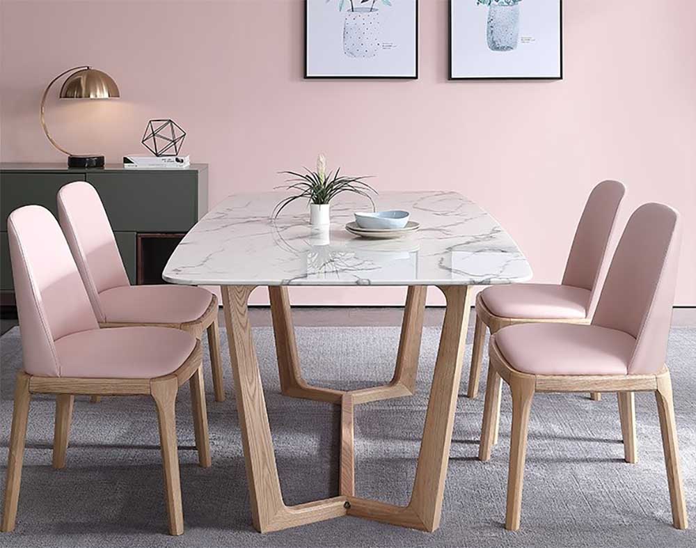 ghế ăn nhập khẩu grace bọc da màu hồng kết hợp khung gỗ tự nhiên màu vàng sáng