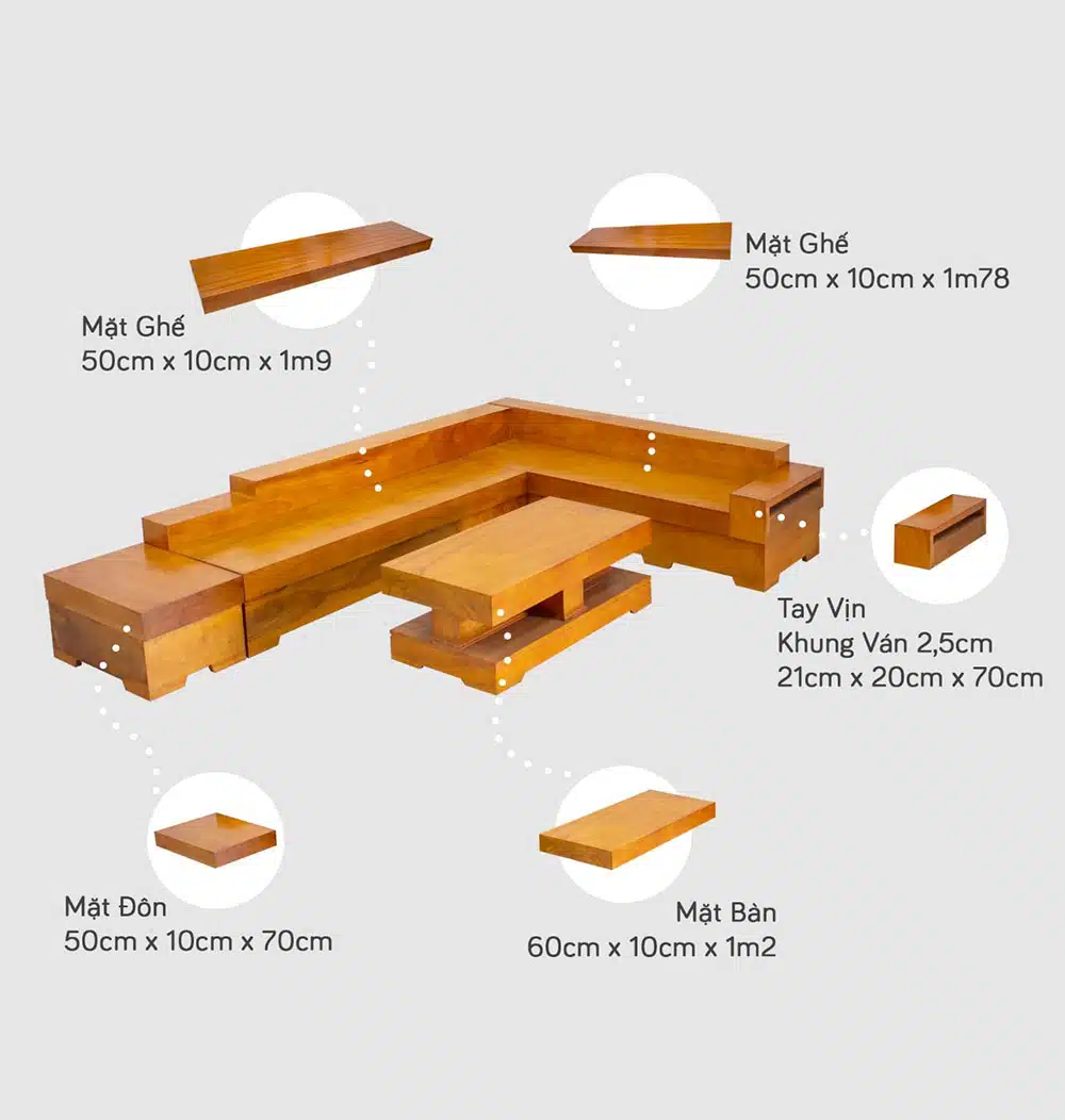 kích thước bàn ghế gỗ nguyên khối cho phòng khách