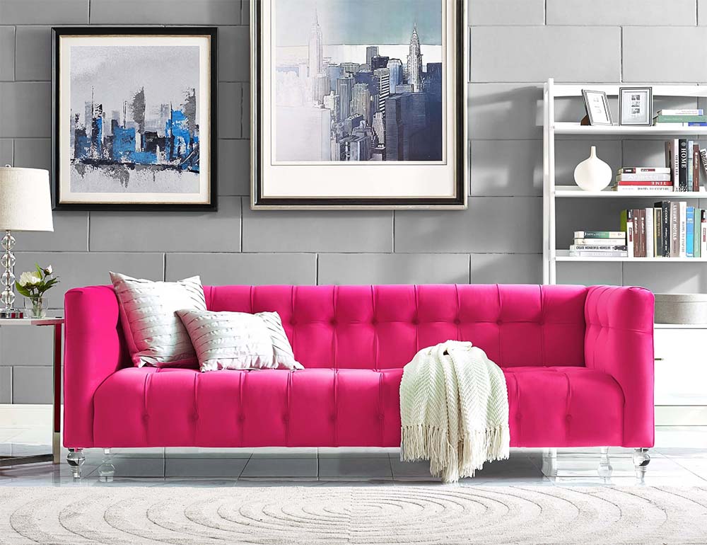 Ghế sofa màu hồng dáng văng bọc nỉ