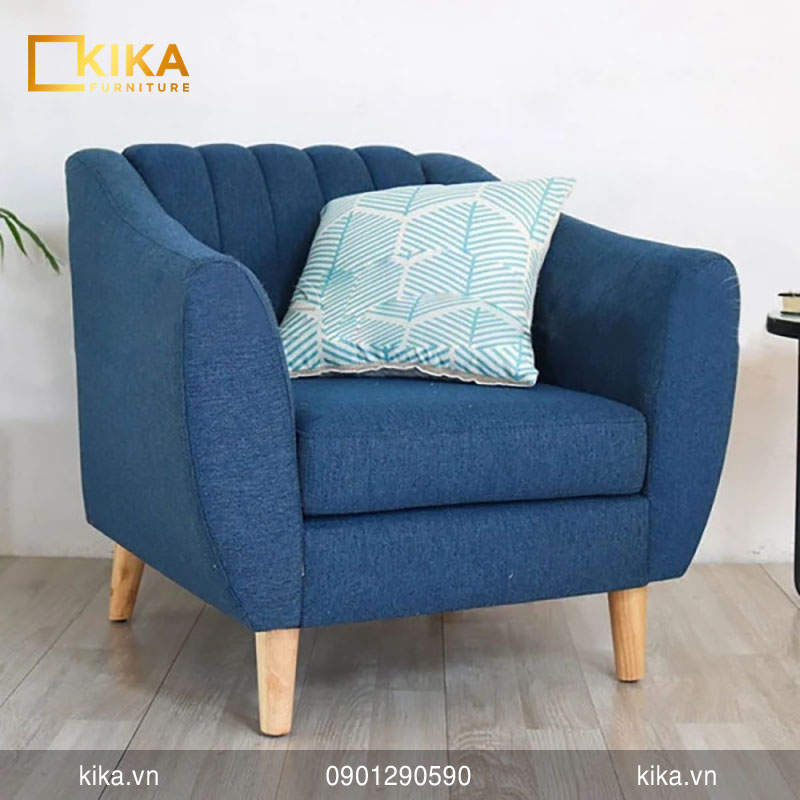 sofa đơn màu xanh bọc nỉ chân gỗ
