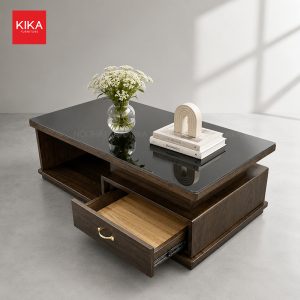 Bàn trà gỗ Sồi mặt kính cao cấp 60x120 - BT217