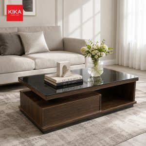 Bàn trà gỗ Sồi mặt kính cao cấp 60x120 - BT217