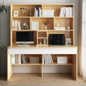 Bàn học, làm việc đôi gỗ công nghiệp có giá sách - BH07