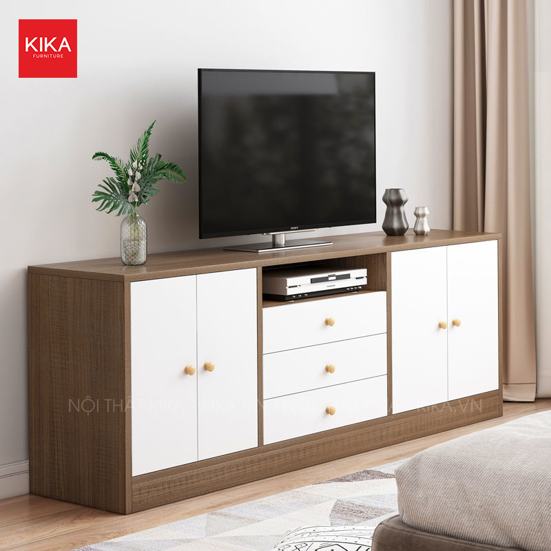 Kệ tivi gỗ MDF 4 cánh mở quay kèm ngăn kéo tiện lợi - TV03 6 ke tivi go mdf 4 canh mo quay kem ngan keo tien loi tv03 1