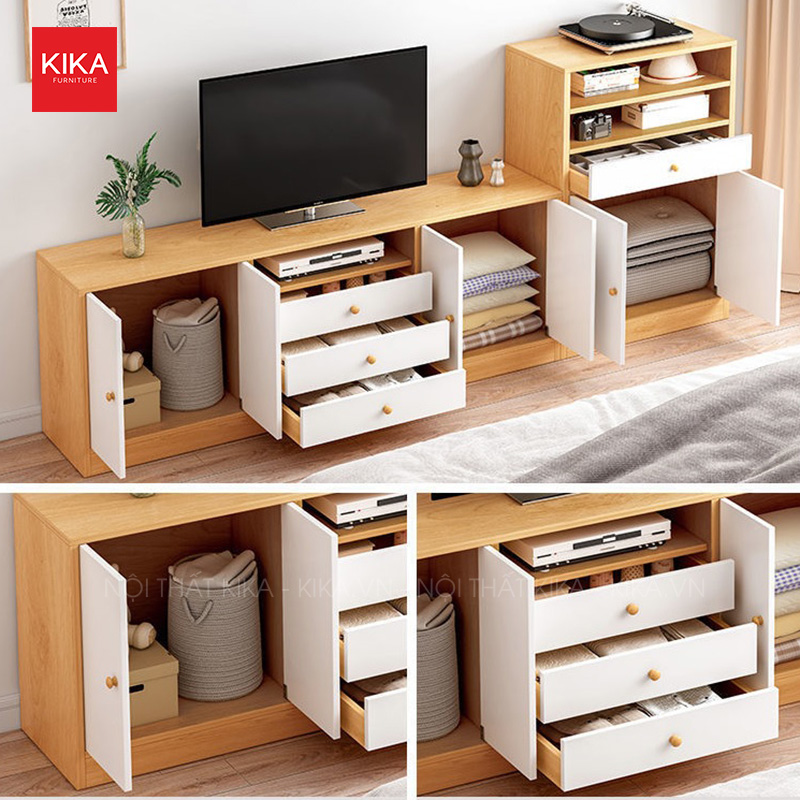 Kệ tivi gỗ MDF 4 cánh mở quay kèm ngăn kéo tiện lợi - TV03 8 ke tivi go mdf 4 canh mo quay kem ngan keo tien loi tv03 3
