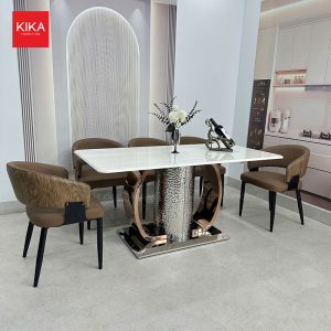 Bộ bàn ăn 6 ghế hiện đại chân thép sơn giả gỗ - BA492